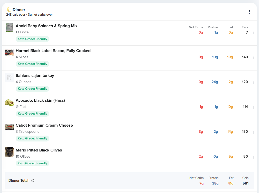 Carb Manager details showing 7 grams net carbs, 38 g protein, 41 g fat, and a total of 581 calories.