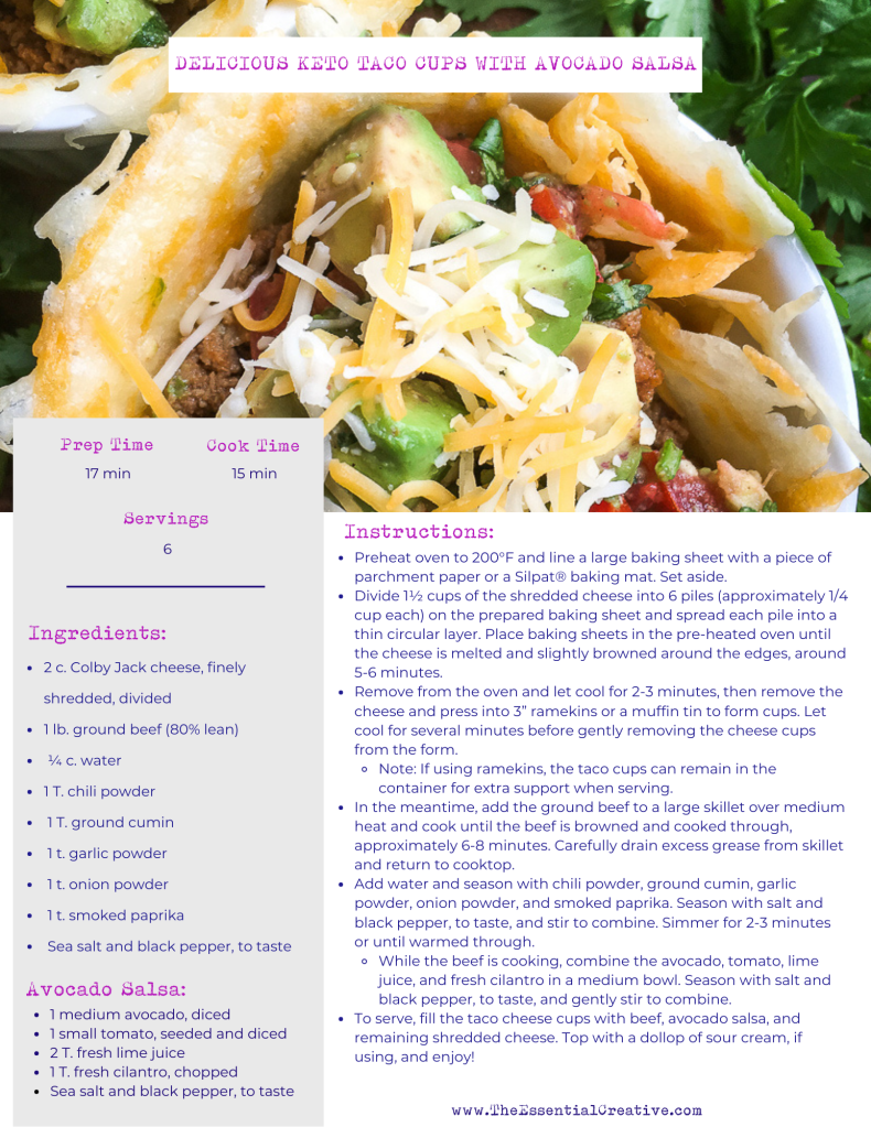 Keto taco cup with delicious avocado salsa recipe. 