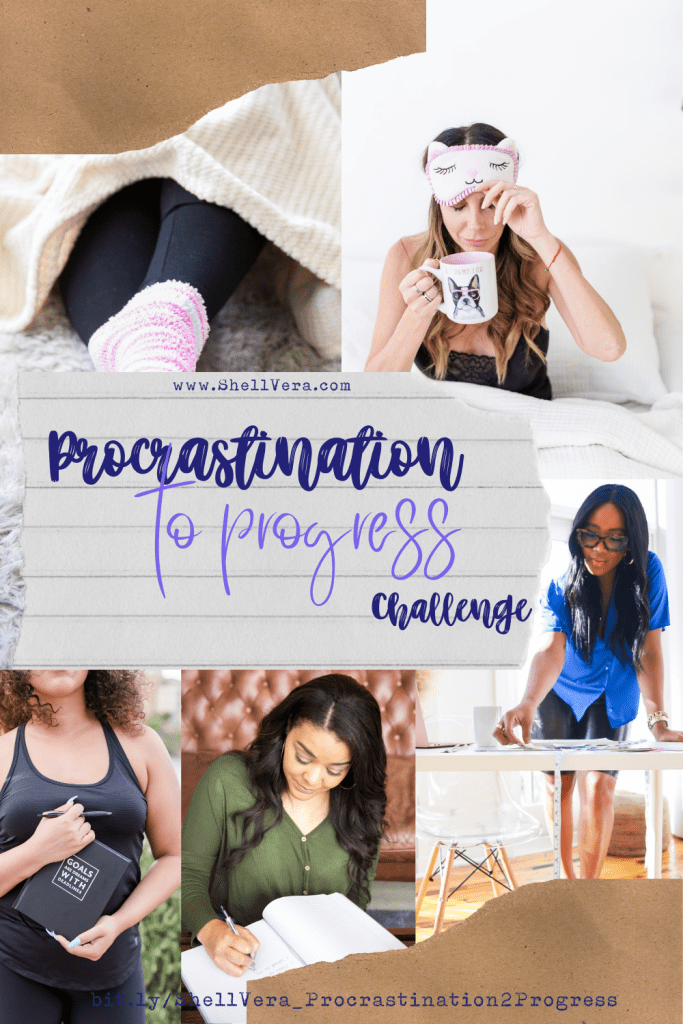 Pin showing the Procrastination to Progress Challenge with women in various states or work and procrastination. 