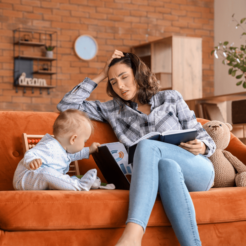 Overwhelmed mom. Follow Kris's advice fore preparing for baby while running your business so you don't look like this in a few months!