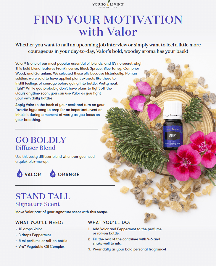 Infographic with information about Valor essential oil blend.