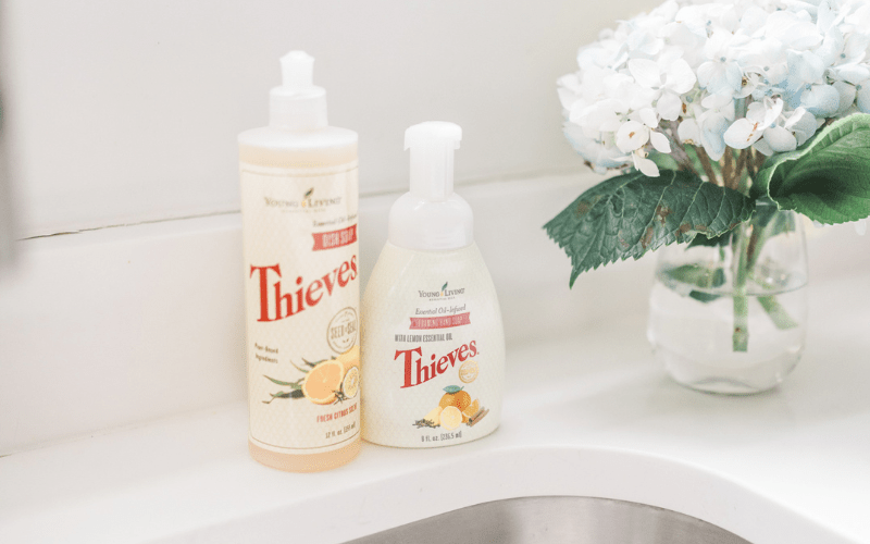 Picture of Thieves Foaming Hand Soap and Dish soap on a counter.